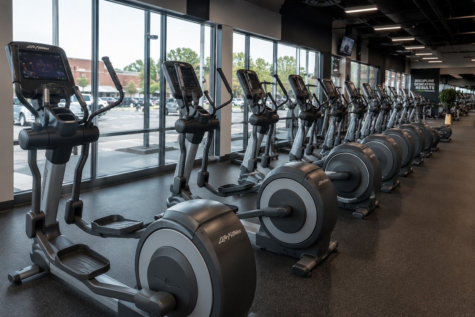 Row of commercial elliptical trainers in a modern fitness center