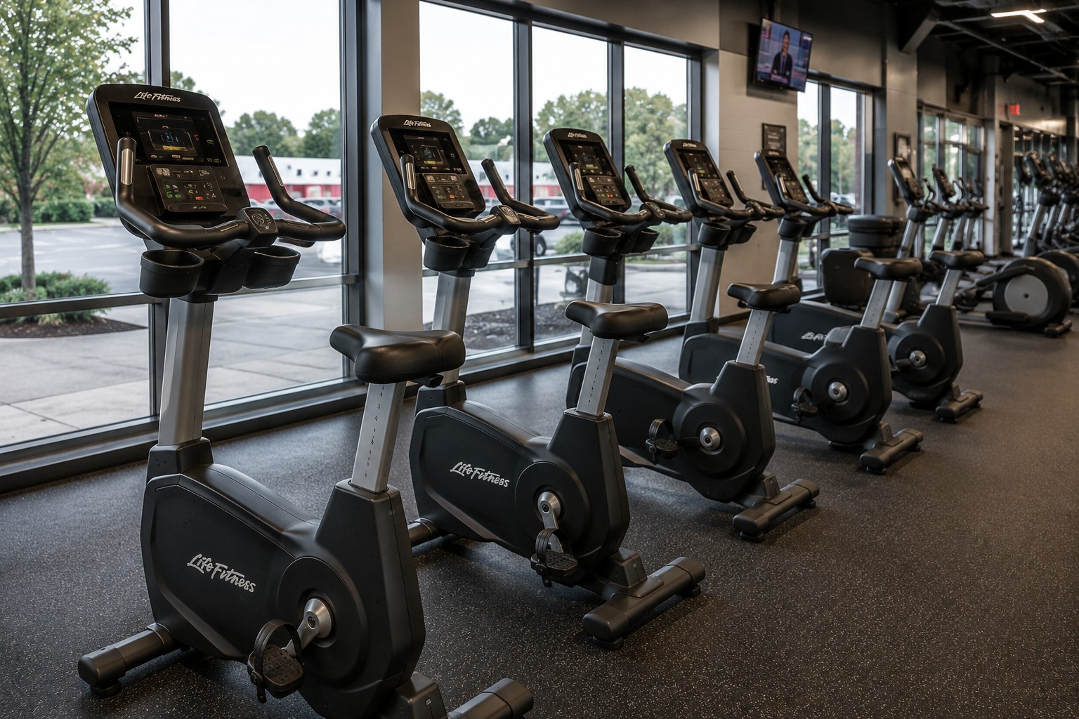 Commercial upright exercise bikes in a professional fitness club
