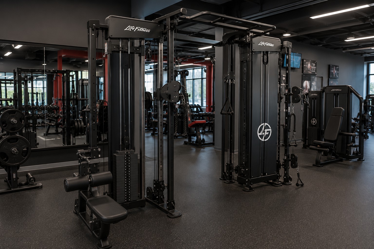 Commercial functional trainer cable machines in a modern gym