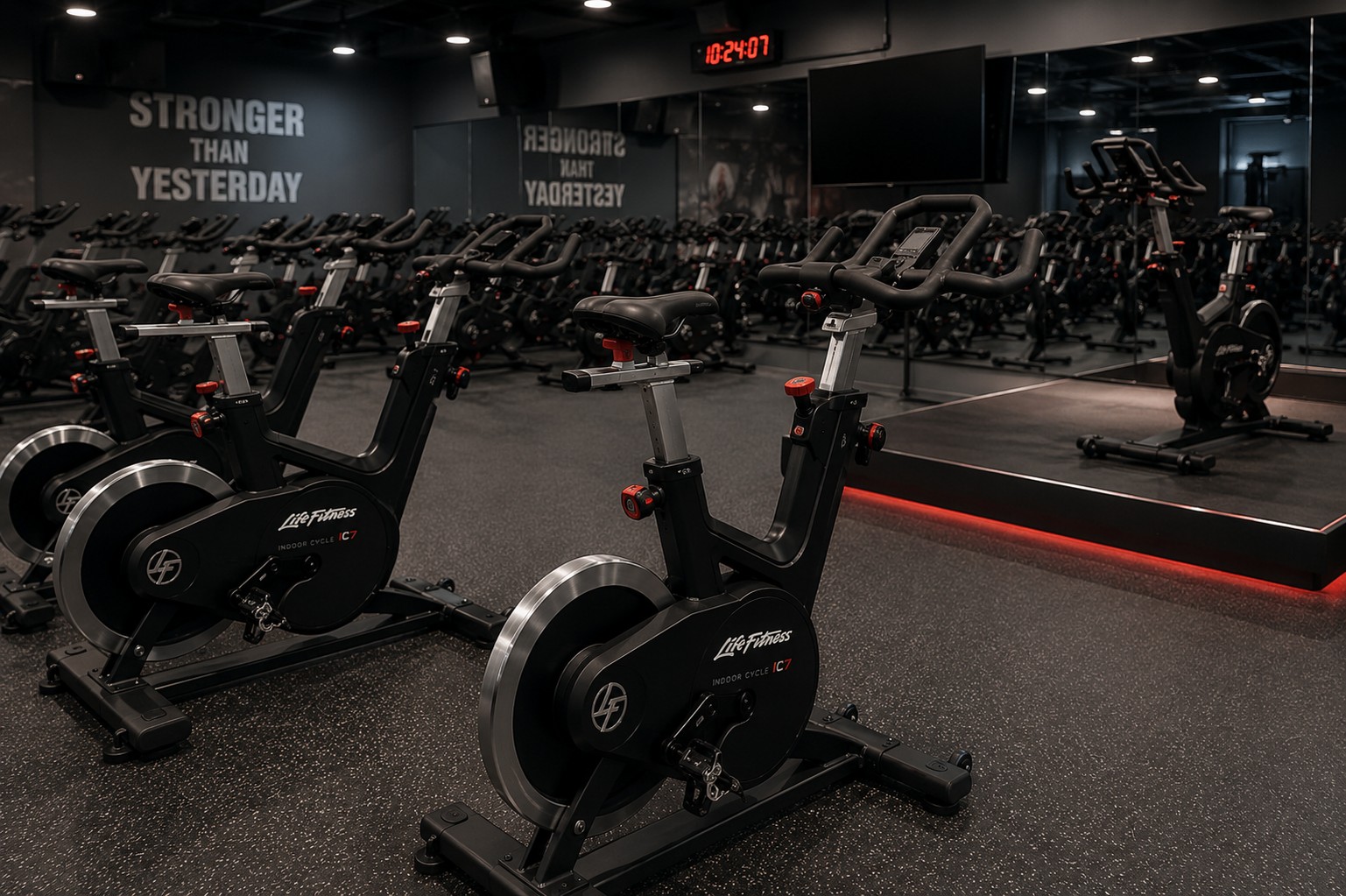 Life Fitness IC7 indoor cycling bikes in a commercial fitness studio