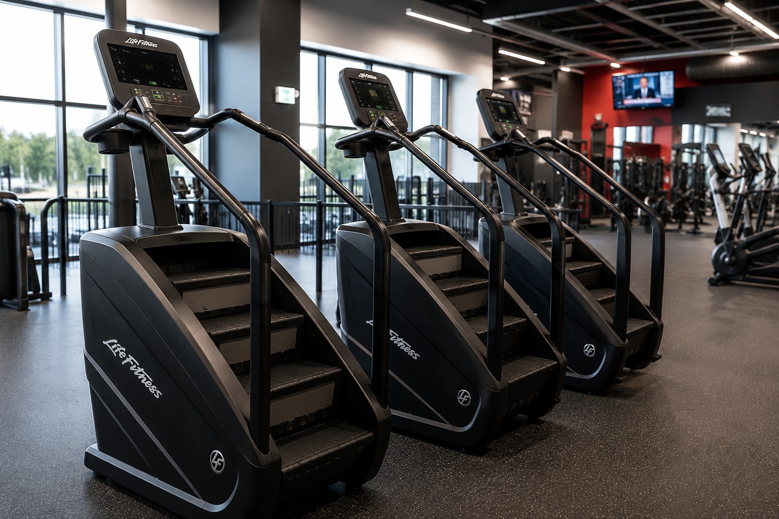 Commercial stair climbers in a modern gym cardio area