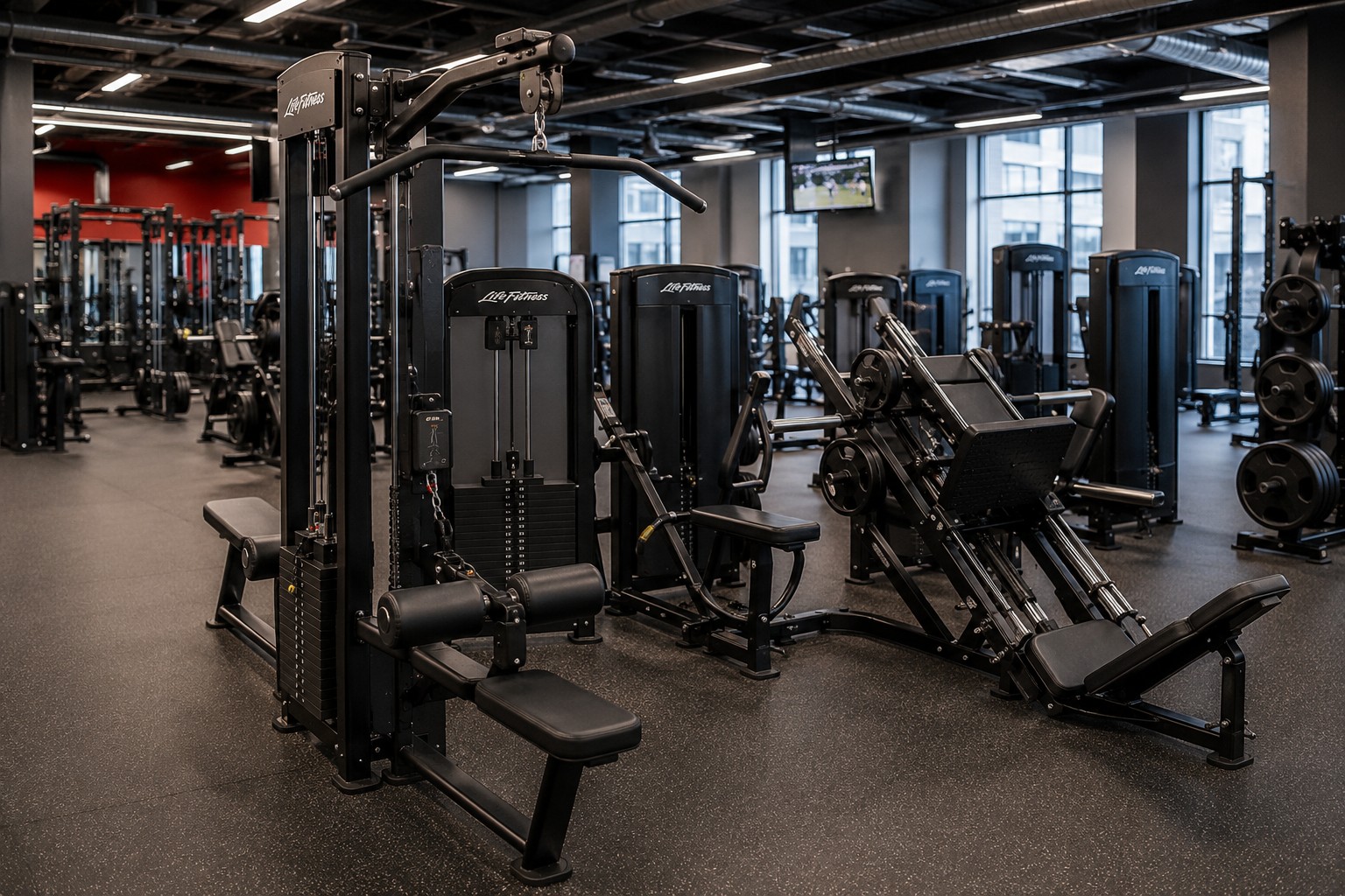 Commercial strength training machines in a professional fitness center